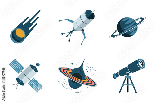 Astronomy exploration set, blazing comet, research rocket, ringed planet, communication satellite, scientific telescope, cosmic orbit, vector illustration