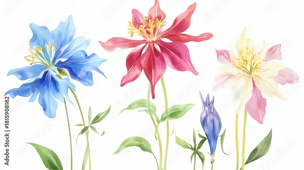 Obraz premium Botanical illustration depicts vibrant watercolor blossoms in shades of blue, red, and pale yellow