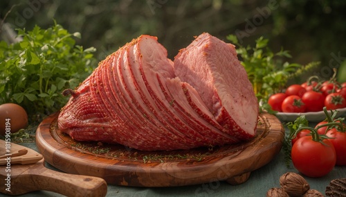 Sliced Ham on Wooden Board With Fresh Herbs and Ripe Tomatoes in a Garden Set...