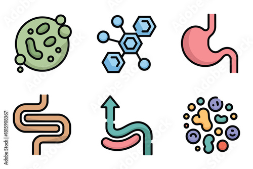 Gut health icons, digestive tract, stomach intestine diagram, bacteria symbols, healthy digestion medical science vector.
