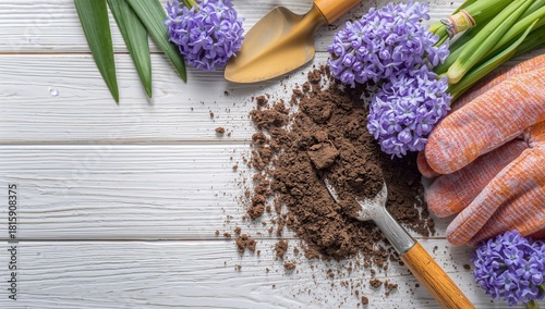 Gardening Activities With Hyacinth Flowers and Tools on Wooden Table
