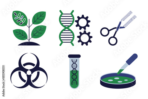 Genetic modification icons, DNA helix, scissors, plant leaf, biohazard symbol, scientific experiment flat illustration vector.