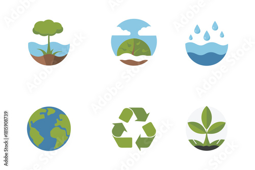 Global environmental conservation, earth globe, recycling symbol, plant sprout, water resources flat illustration vector.