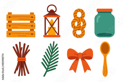 Rustic Decor Icons. Rustic charm flat icon set : wooden crate, candle lantern, rope knot, glass jar, twig bundle, pine sprig, fabric ribbon, carved spoon