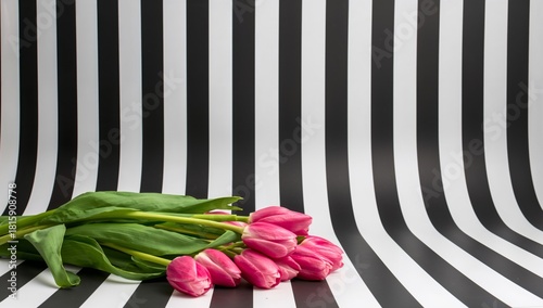 Beautiful Pink Tulips on Black and White Striped Background at a Simple Arran...