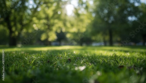 Lush Green Grass Under Soft Sunlight in a Tranquil Park Setting During Late A...