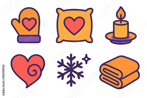 Cozy Winter Icons. Snug Affection flat icon set : mitten heart, cozy pillow, candlelight, folded blanket, heart swirl, snowflake sparkle