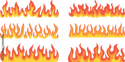 Collection of six cartoon fire flame borders, burning flame elements, bright orange yellow fire clipart, hot flame vector design illustration