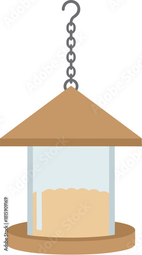 Wooden hanging bird feeder with seeds isolated on a white background.