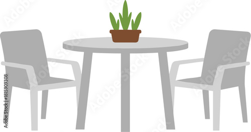 Grey plastic outdoor patio furniture set with table and chairs.