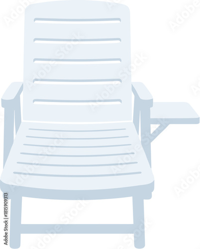 White plastic outdoor sun lounger with an attached side table.