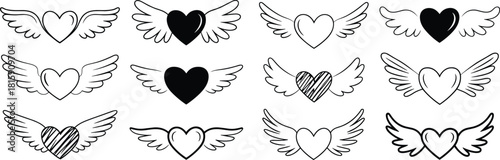 Collection of twelve black and white winged heart vector icons, romantic tattoo design symbols, love and freedom minimalist line art illustration
