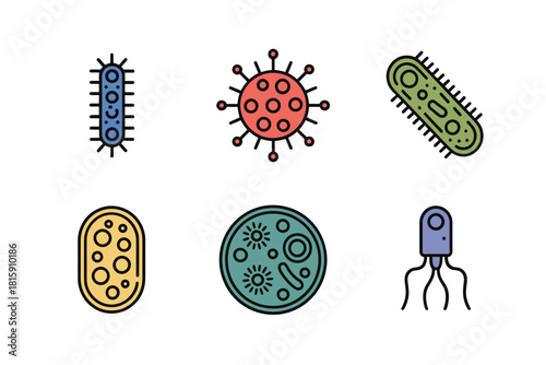 Germ microbe visuals, bacteria, virus, worm, protozoa, cell diagram, full color biological analysis science vector set.