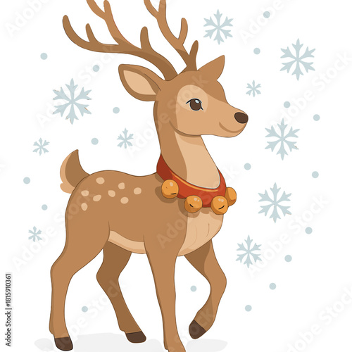 Graceful Reindeer Design. Reindeer, gracefully standing with a red collar and jingling bells. Its gentle expression and poised stance evoke a sense of wonder and. Vector illustration