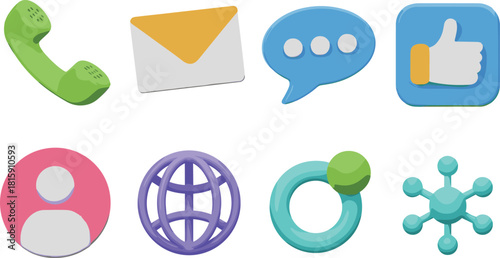 Colorful 3D social media and communication icon set including phone, email, chat, like, user, globe, network, connection symbols