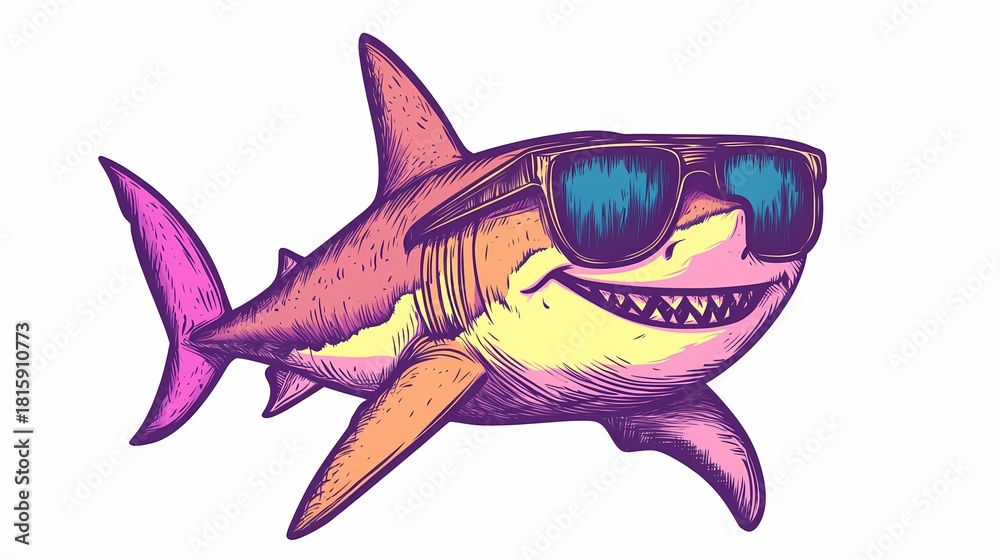 Fototapeta premium Stylized illustration depicts a smiling aquatic predator wearing modern reflective eyewear