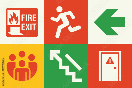 Emergency wayfinding icons set, fire exit sign, running person, left arrow, assembly point, stairway direction, hazard door