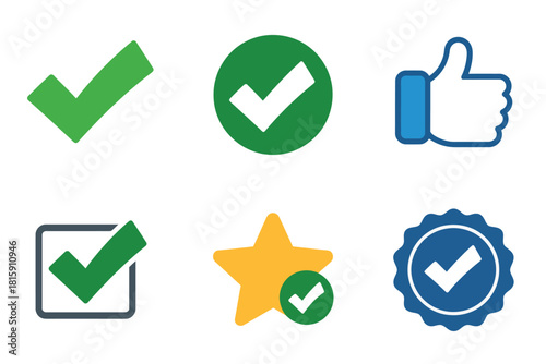 Verification symbol set, large green checks, thumbs up rating, checkbox square, gold star, premium badge, minimal ui vector