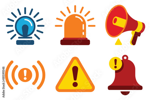 Alarm notification set, illuminated beacon lights, megaphone shout, caution triangle sign, signal waves, incident alert, security response vector