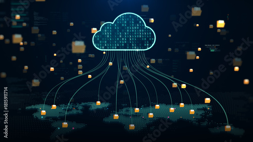 Digital file folders are transferred to cloud storage over a global network, symbolizing data upload, cloud computing, backup systems, cybersecurity, and modern digital infrastructure. 3D rendering