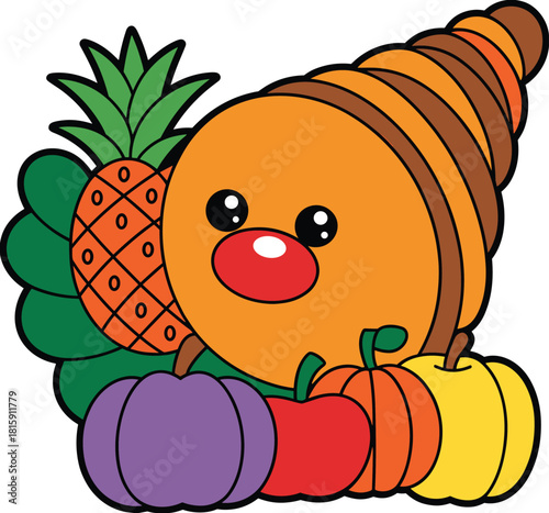 Cute cartoon cornucopia with kawaii fruits and vegetables, colorful harvest illustration, thanksgiving symbol, autumn abundance concept, festive seasonal design