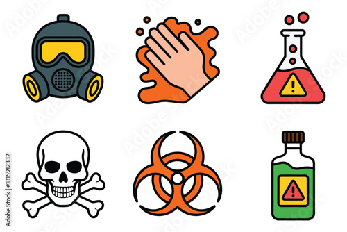 Hazardous materials safety icons, gas mask, hand wash hygiene, lab flask, skull danger, biohazard sign, chemical bottle