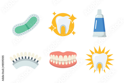 Teeth whitening elements, bacteria removal, shiny enamel starburst, toothpaste tube, veneer shades, denture smile, sun sparkle