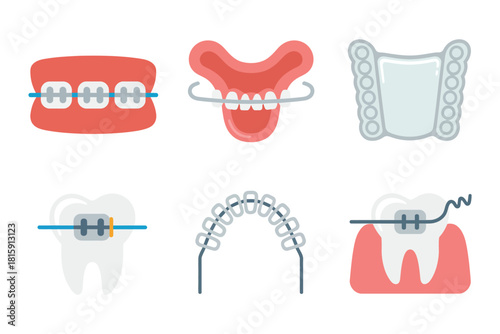 Dental braces variations, lingual wire, arch expanders, rubber bands, retainer plate, tooth implant abutment, orthodontic care icons, vector
