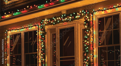 House decorated with festive christmas lights around the door and the windows