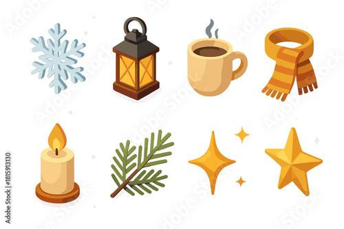 Cozy Winter Icons. Snowy evening flat icon set : snow crystal, lantern, warm drink, scarf, candle flame, pine branch, sparkle, star