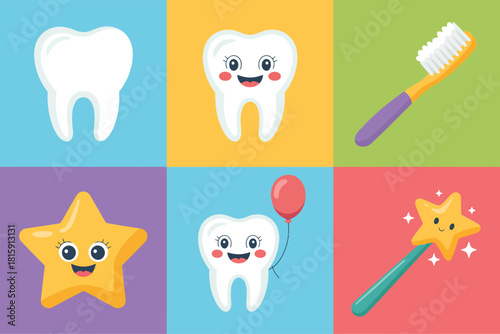 Teeth cleaning illustration tiles, white tooth, cheerful character, toothbrush tool, magic wand sparkle, colorful blocks layout, dental vector
