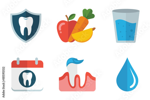 Oral health lifestyle set, protective shield tooth, vegetables and fruit, glass of water, braces calendar, gum care vector
