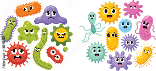 Cute colorful bacteria and virus cartoon characters illustration, funny germs and microbes with expressions, science biology education concept background