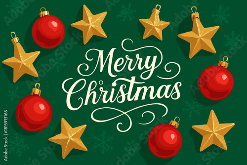 Festive Christmas Ornaments. Collection of Christmas ornaments, including shiny red baubles and golden stars, scattered around the central text reading 'Merry. Vector illustration