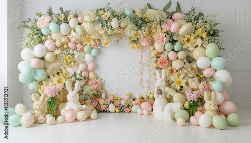 Colorful Spring Decoration With Bunnies and Pastel Balloons for Celebration