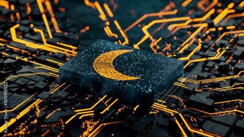 Night mode Technology Concept with moon symbol on a Microchip. Orange Neon Data flows from the CPU across a Futuristic Motherboard. Seamless Loop.