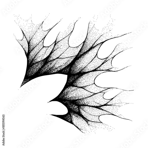 Abstract stippling art black and white design with organic leaf like shapes concept