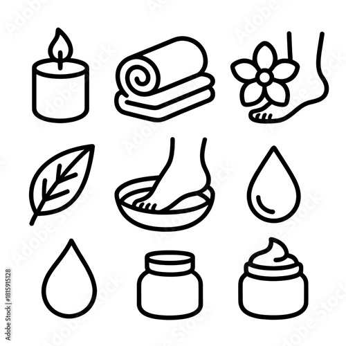 Spa Essentials Icons. Relaxing spa care concept linear icon set: candle, towel, flower, foot, leaf, water bowl, droplet, cream