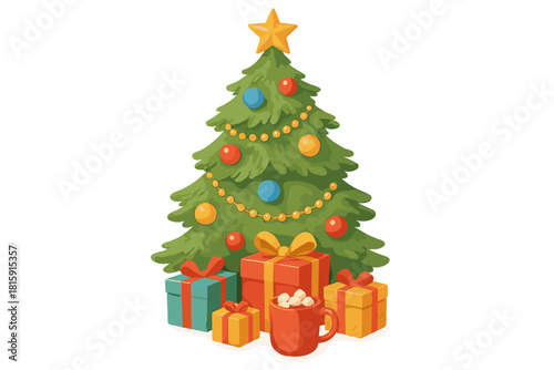 Festive Christmas Scene. Lush Christmas tree adorned with colorful ornaments, a golden star at its peak. Presents and a mug of hot cocoa with marshmallows sit. Vector illustration