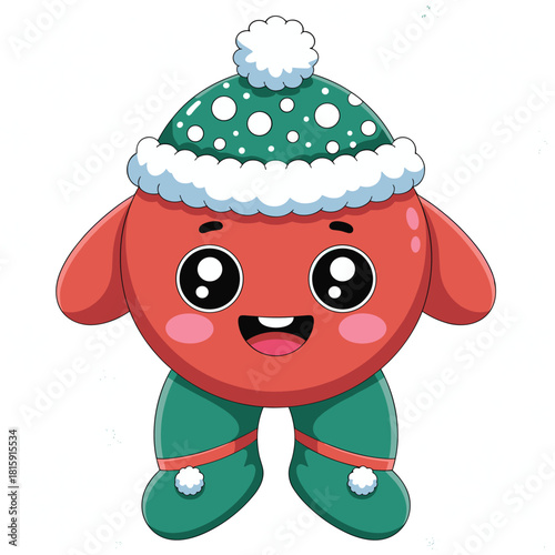 Cute red winter cartoon character wearing green hat and mittens surrounded by snowflakes, adorable Christmas holiday illustration for kids design