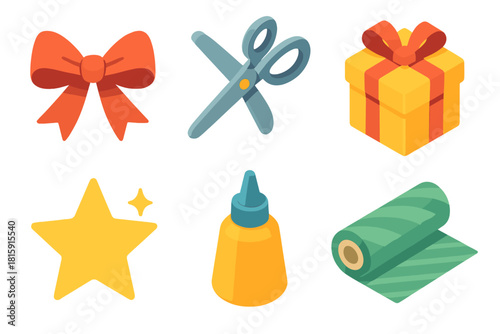 Festive Crafting Icons. Festive Crafting flat icon set : ribbon bow, scissors, gift box, glue bottle, sparkling star, wrapping paper roll