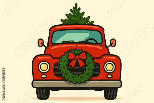 Festive Red Truck. Red truck viewed from the front is adorned with a festive wreath on its grille. The truck carries a Christmas tree, its branches visible over the. Vector illustration