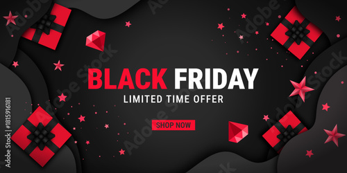 Elegant Black Friday banner featuring bold white and red text on a layered black paper-cut background, accented with red gift boxes, stars, and sparkles.