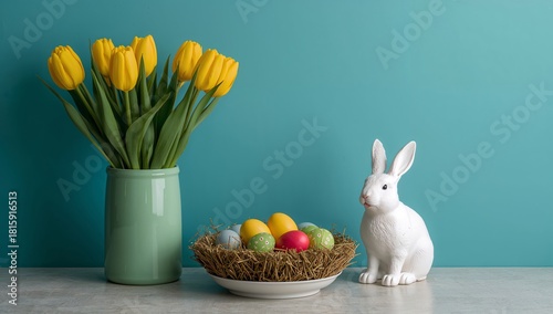 Decorated Table With Easter Bunny, Colorful Eggs, and Yellow Tulip Flowers in...