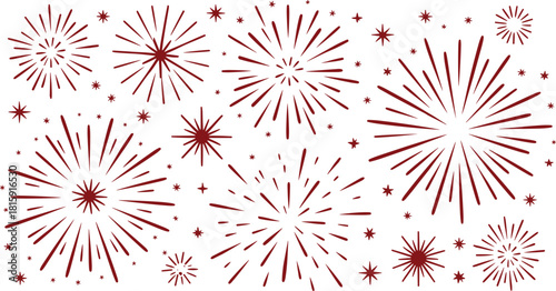 Decorative illustration of golden and white fireworks bursting in dark night sky, festive celebration background for holiday and events