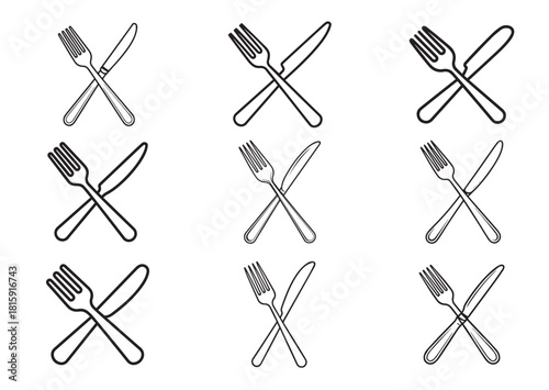 Set of Crossed fork and knife line art vector