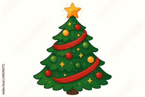 Ornamented Christmas Tree. Ornamented Christmas tree featuring red, green, and gold decorations. Swirls of ribbon wrap around the tree, enhancing its festive look.. Vector illustration