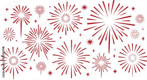 Decorative illustration of golden and white fireworks bursting in dark night sky, festive celebration background for holiday and events