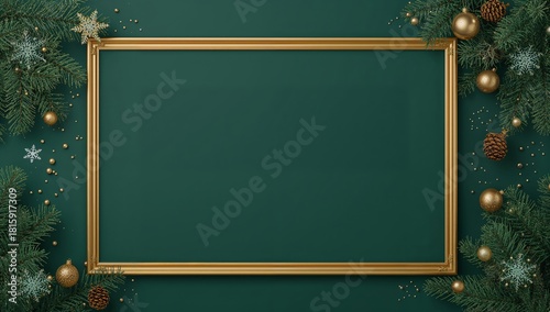 Festive Green Background With Golden Decorations and Empty Frame for Holiday ...