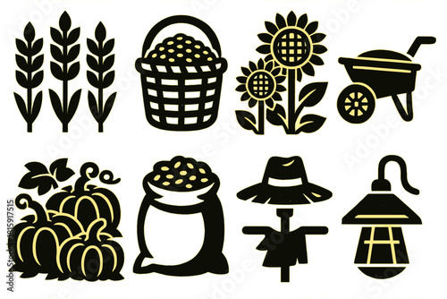 Brutalist Farming Icons. Farming Festival silhouette icon set: ripe crops, basket of grains, sunflower patch, wheelbarrow, pumpkin patch, grain sack, scarecrow hat, barn light